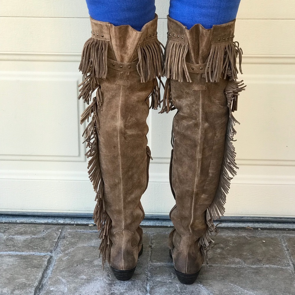 NIB Boho Chic Fringe Studs Over The Knee Boots - Picture 4 of 7